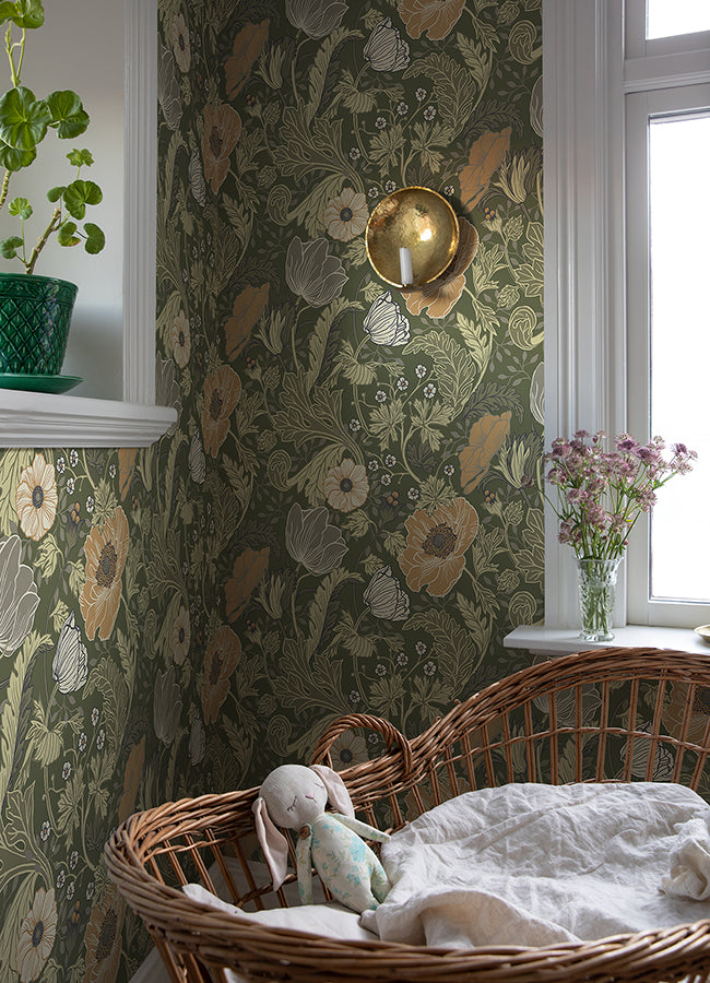 Anemone Green Floral Wallpaper - Brewster Wallcovering