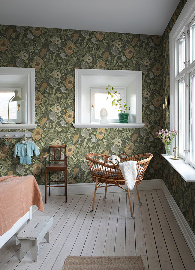 Anemone Green Floral Wallpaper - Brewster Wallcovering