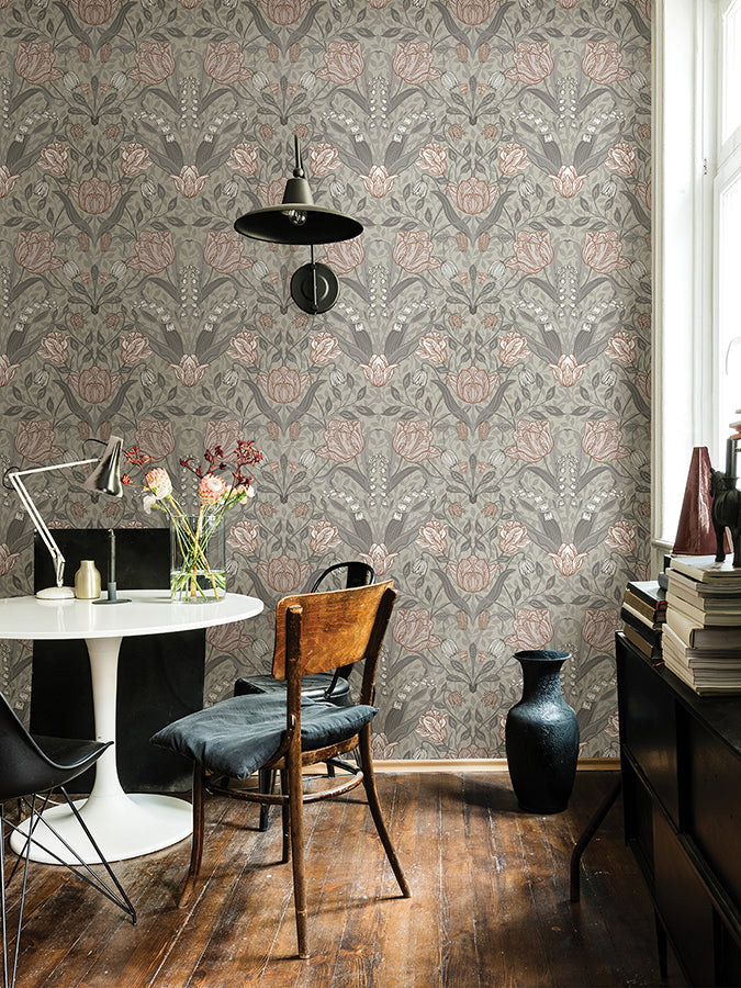 Filippa Grey Tulip Wallpaper - Brewster Wallcovering