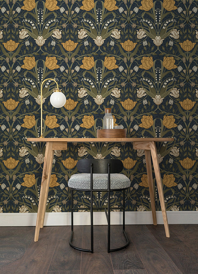 Filippa Navy Tulip Wallpaper - Brewster Wallcovering