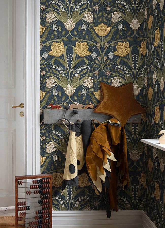 Filippa Navy Tulip Wallpaper - Brewster Wallcovering