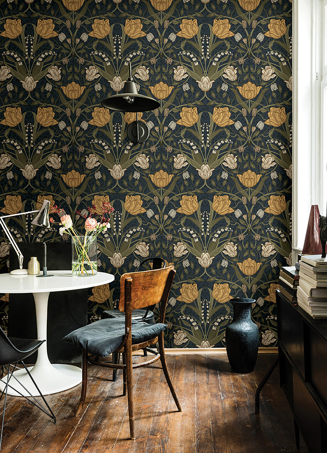 Filippa Navy Tulip Wallpaper - Brewster Wallcovering