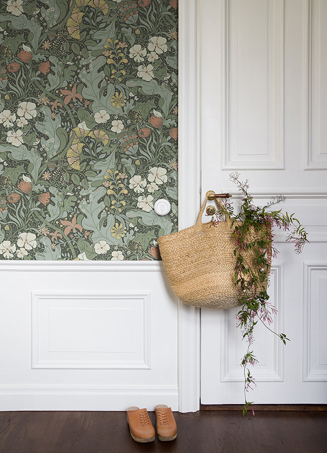 Elise Green Nouveau Gardens Wallpaper - Brewster Wallcovering