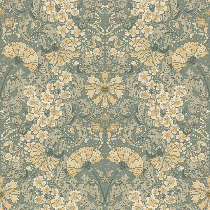 Brewster Wallcovering-Ojvind Sea Green Floral Ogee Wallpaper