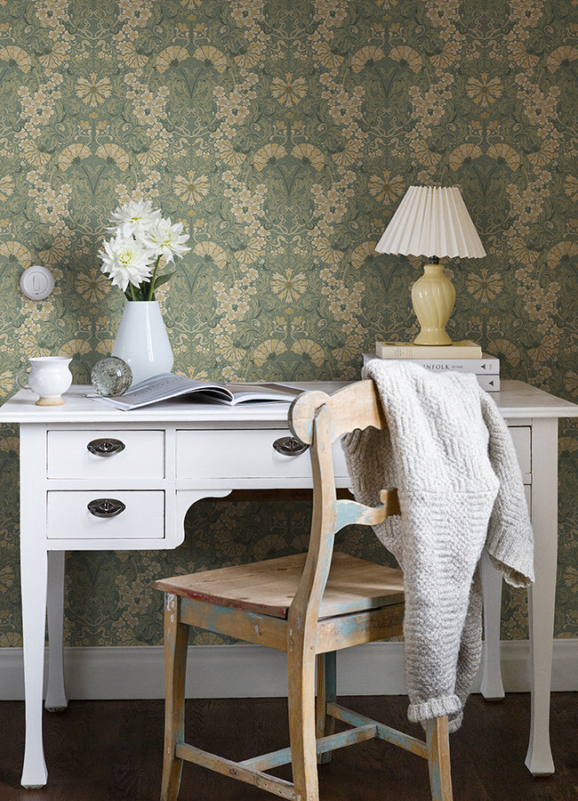 Ojvind Sea Green Floral Ogee Wallpaper - Brewster Wallcovering