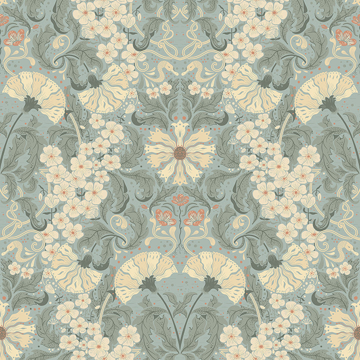 Brewster Wallcovering-Ojvind Light Blue Floral Ogee Wallpaper