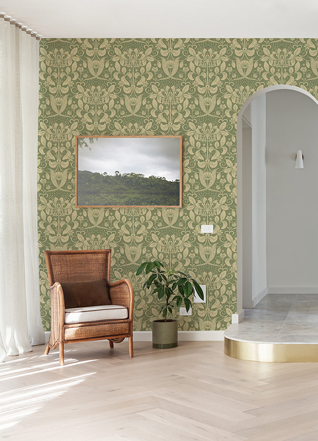 Berit Green Floral Crest Wallpaper  | Brewster Wallcovering