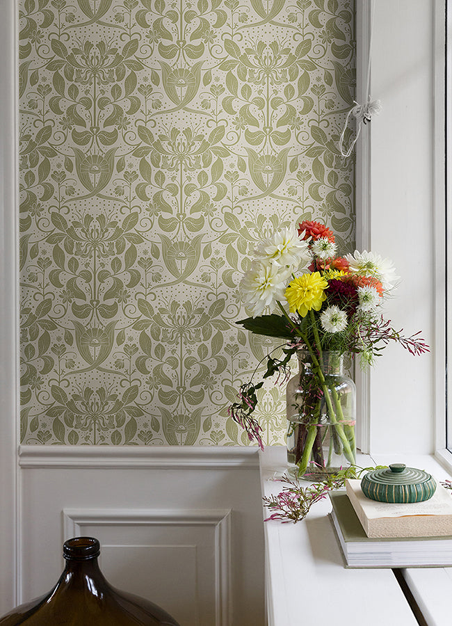 Berit Olive Floral Crest Wallpaper  | Brewster Wallcovering