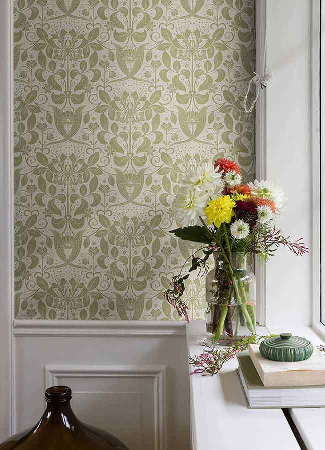 Berit Olive Floral Crest Wallpaper - York Wallcoverings - 4080-83127 - York Wallcoverings Wallpaper