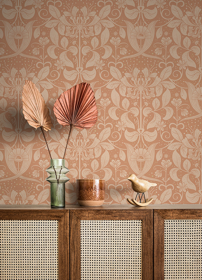 Berit Coral Floral Crest Wallpaper - Brewster Wallcovering