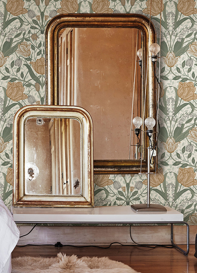 Fillippa Green Tulip Wallpaper - Brewster Wallcovering