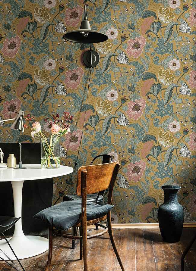Anemone Mustard Floral Wallpaper - York Wallcoverings - 4080-33002 - York Wallcoverings Wallpaper