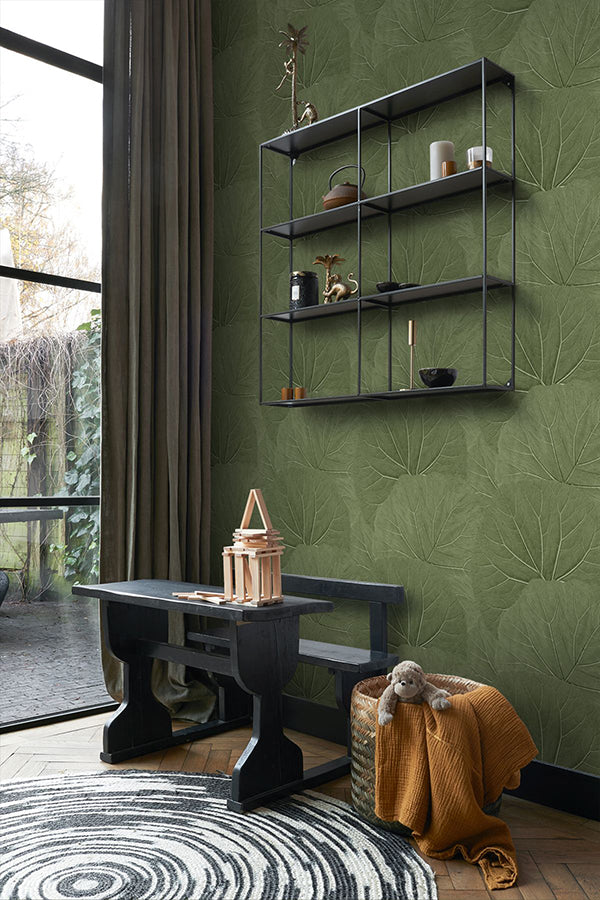 Xylem Olive Large Leaves Wallpaper  | Brewster Wallcovering - The WorkRm