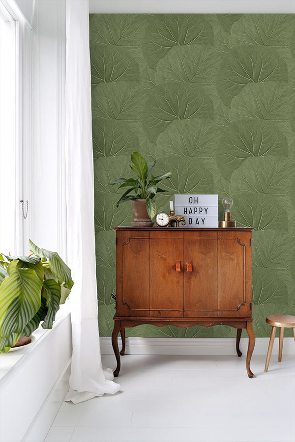 Xylem Olive Large Leaves Wallpaper  | Brewster Wallcovering - The WorkRm