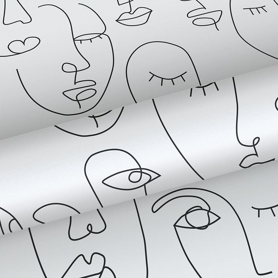 Sharona White Line Art Faces Wallpaper  | Brewster Wallcovering - The WorkRm