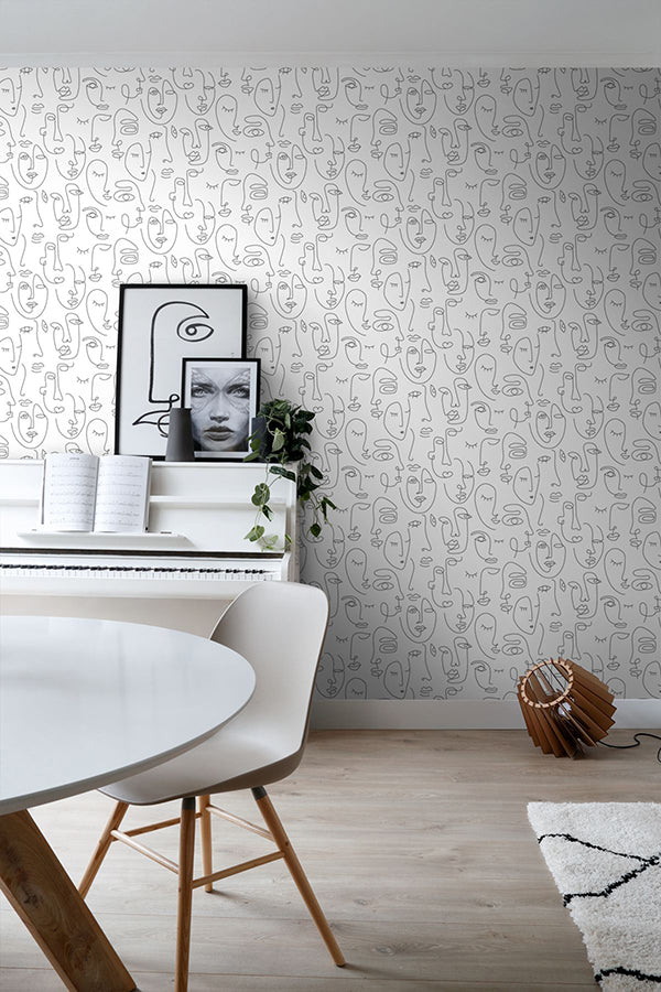 Sharona White Line Art Faces Wallpaper  | Brewster Wallcovering - The WorkRm