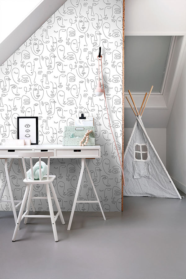 Sharona White Line Art Faces Wallpaper  | Brewster Wallcovering - The WorkRm