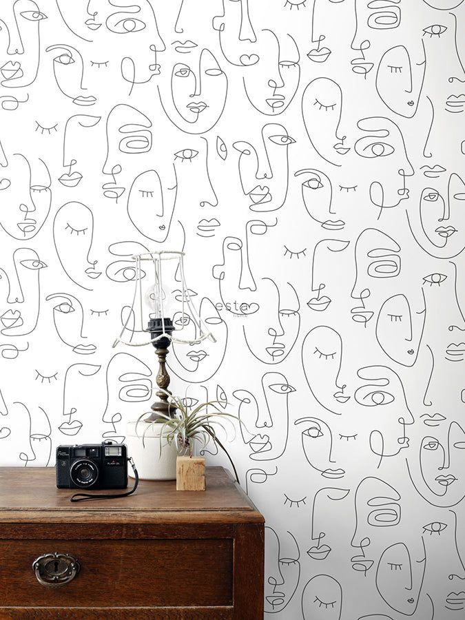 Sharona White Line Art Faces Wallpaper  | Brewster Wallcovering - The WorkRm