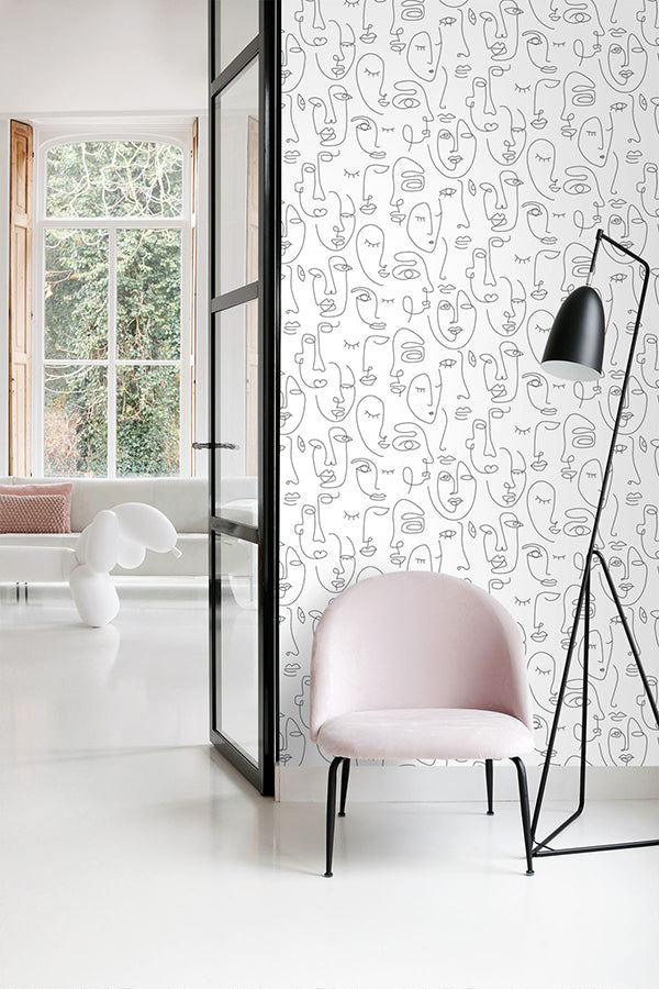 Sharona White Line Art Faces Wallpaper  | Brewster Wallcovering - The WorkRm