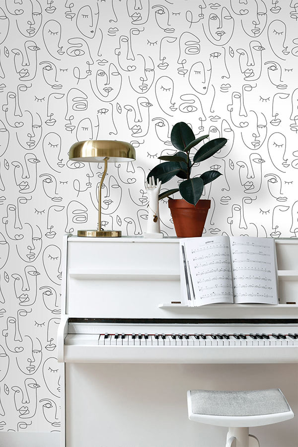 Sharona White Line Art Faces Wallpaper  | Brewster Wallcovering - The WorkRm