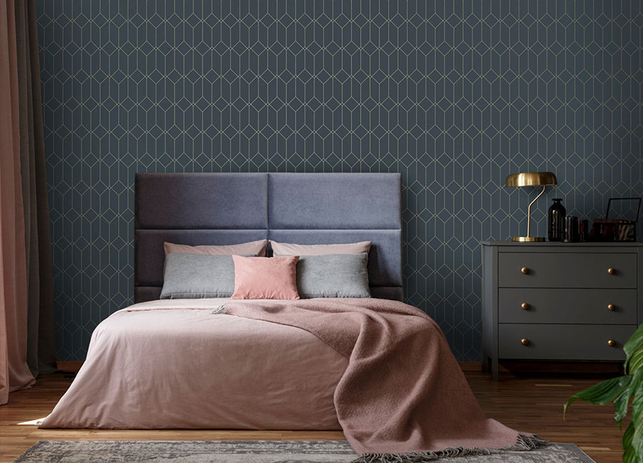 Trilliant Dark Blue Art Deco Motif Wallpaper - Brewster Wallcovering