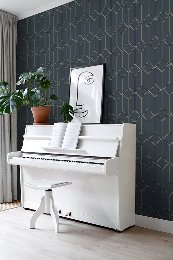 Trilliant Dark Blue Art Deco Motif Wallpaper - Brewster Wallcovering