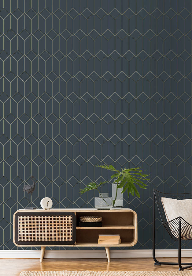 Trilliant Dark Blue Art Deco Motif Wallpaper - Brewster Wallcovering