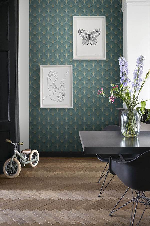 Lempicka Teal Art Deco Motif Wallpaper - Brewster Wallcovering