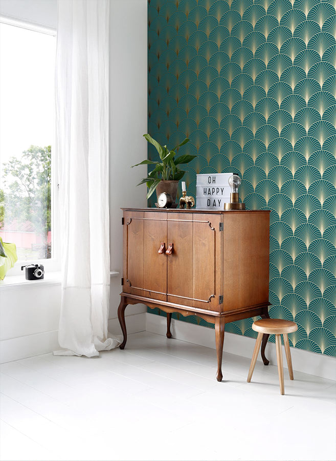 Lempicka Teal Art Deco Motif Wallpaper - Brewster Wallcovering