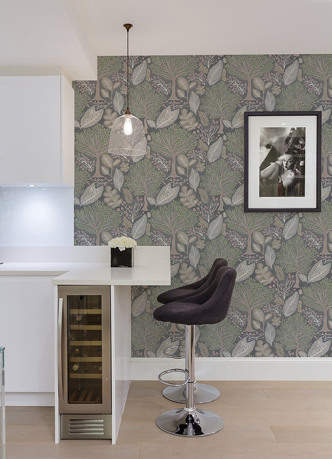 Kiah Grey Forest Wallpaper - Brewster Wallcovering