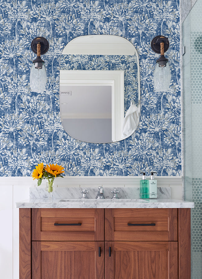 Dori Blue Painterly Floral Wallpaper  | Brewster Wallcovering - The WorkRm