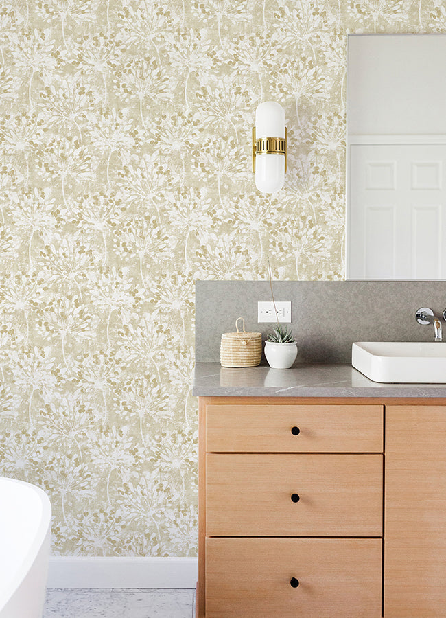 Dori Gold Painterly Floral Wallpaper - Brewster Wallcovering