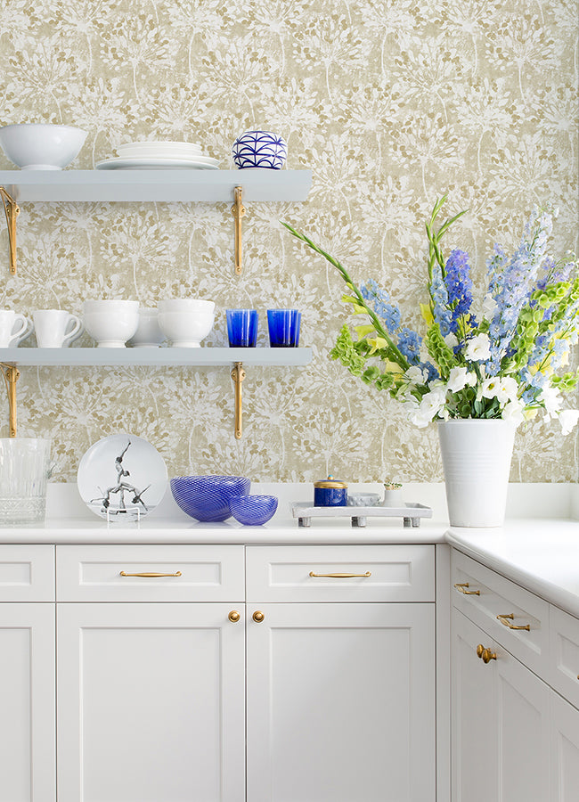 Dori Gold Painterly Floral Wallpaper - Brewster Wallcovering