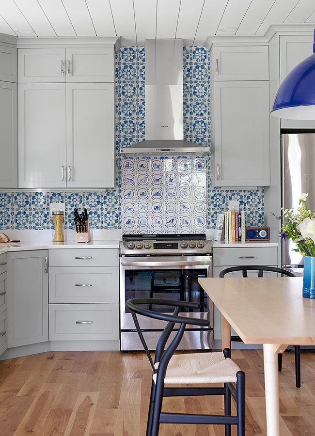 Izeda Blue Floral Tile Wallpaper - Brewster Wallcovering