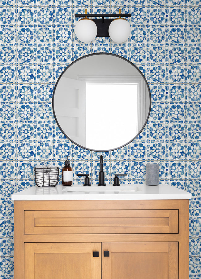 Izeda Blue Floral Tile Wallpaper  | Brewster Wallcovering - The WorkRm