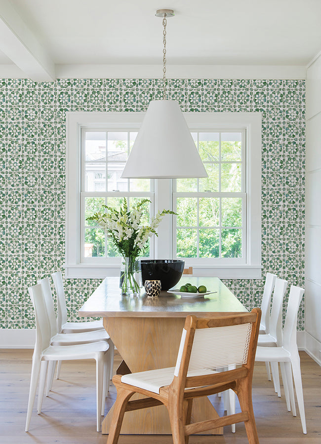 Izeda Green Floral Tile Wallpaper - Brewster Wallcovering