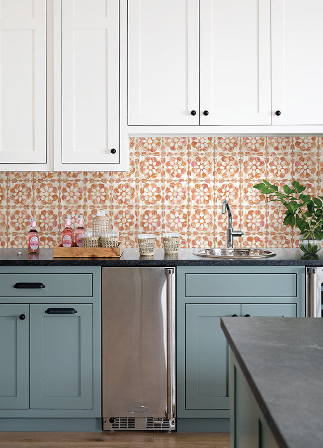 Izeda Coral Floral Tile Wallpaper - Brewster Wallcovering