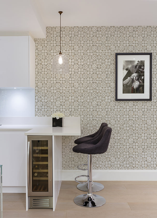 Izeda Taupe Floral Tile Wallpaper - Brewster Wallcovering