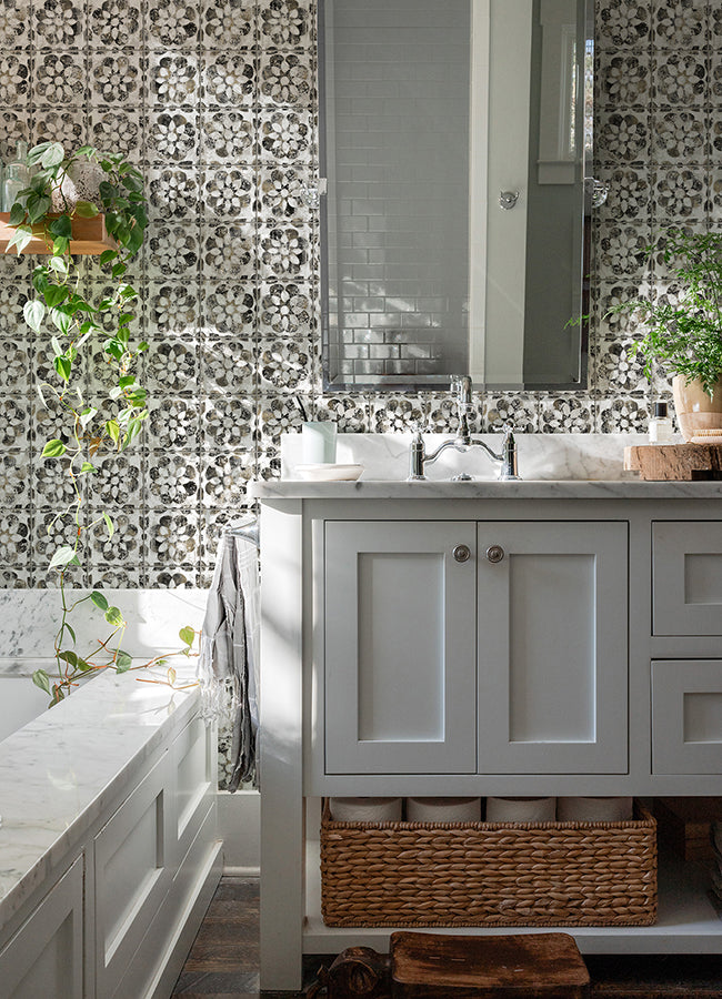 Izeda Black Floral Tile Wallpaper  | Brewster Wallcovering - The WorkRm