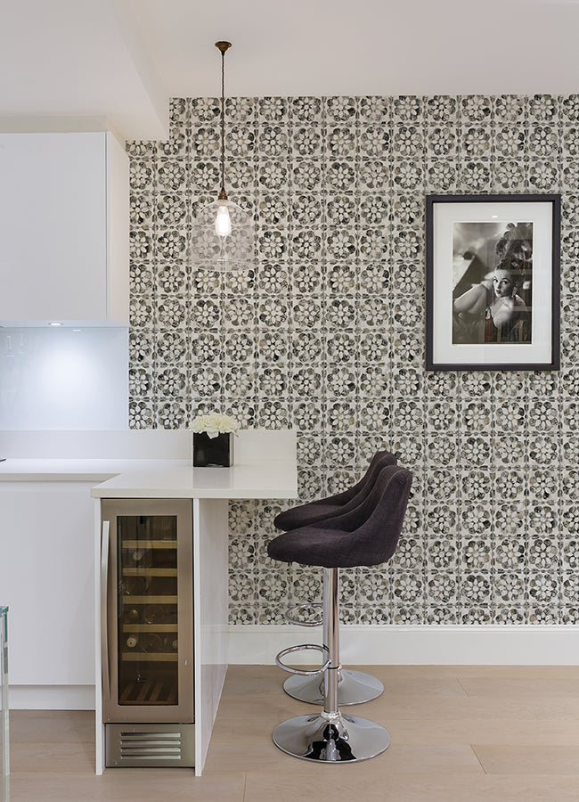 Izeda Black Floral Tile Wallpaper  | Brewster Wallcovering - The WorkRm