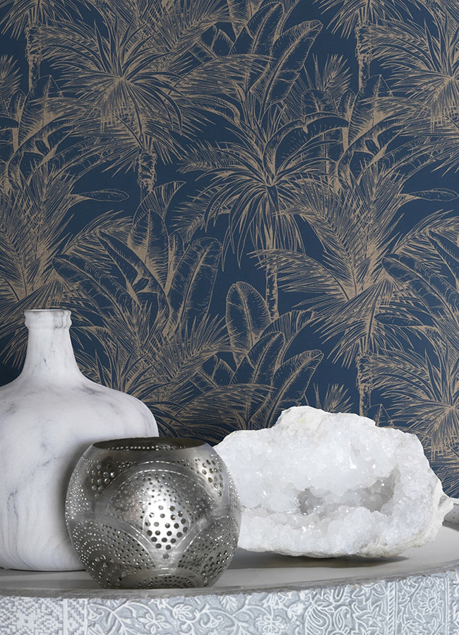 Serra Dark Blue Palm Wallpaper  | Brewster Wallcovering - The WorkRm