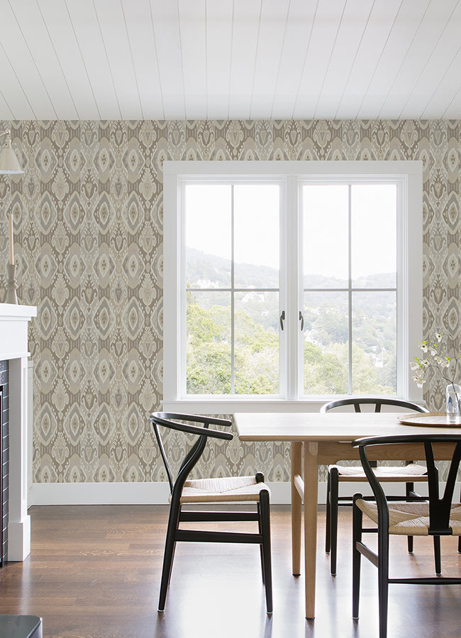 Villon Light Grey Ikat Wallpaper - Brewster Wallcovering