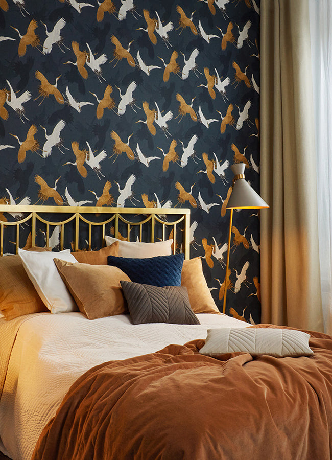 Kusama Dark Blue Crane Wallpaper  | Brewster Wallcovering - The WorkRm