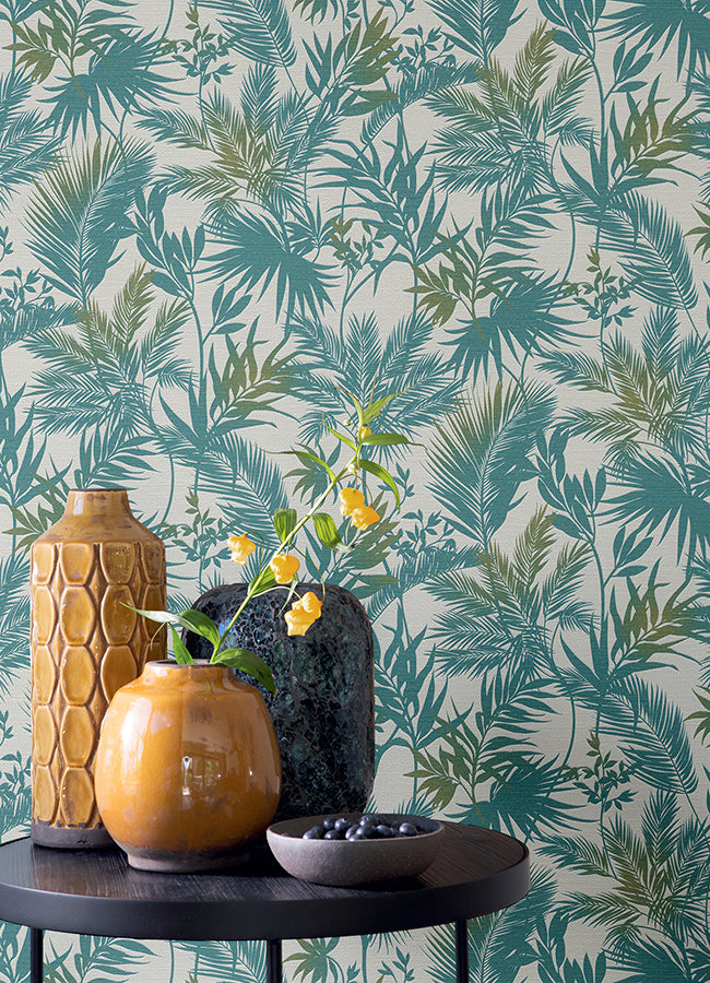 Saura Teal Frond Wallpaper - Brewster Wallcovering