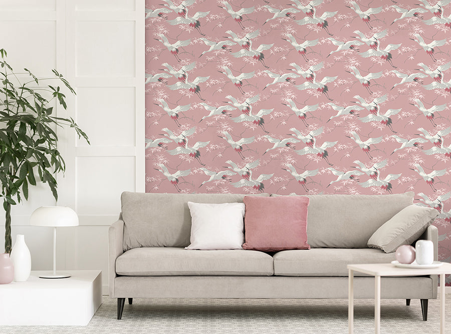 Saura Pink Cranes Wallpaper - Brewster Wallcovering