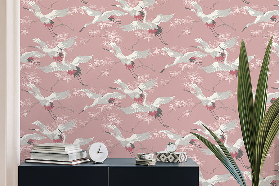 Saura Pink Cranes Wallpaper - Brewster Wallcovering