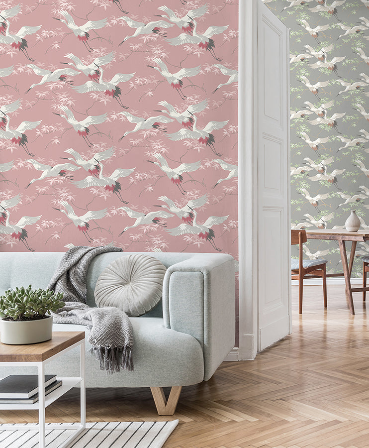 Saura Pink Cranes Wallpaper - Brewster Wallcovering