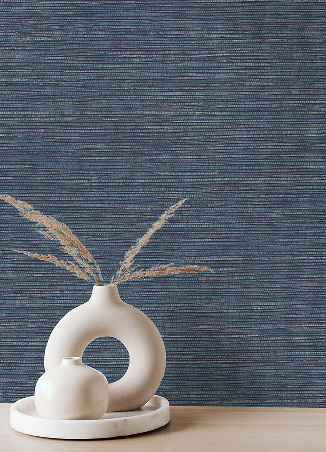 Alton Indigo Faux Grasscloth Wallpaper - Brewster Wallcovering