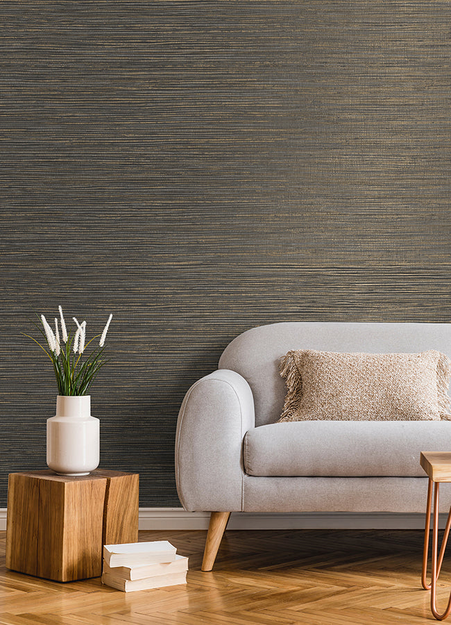 Alton Black Faux Grasscloth Wallpaper - Brewster Wallcovering