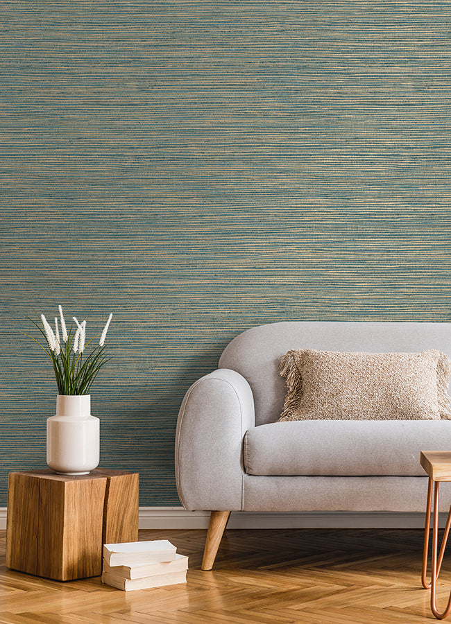 Alton Teal Faux Grasscloth Wallpaper - Brewster Wallcovering